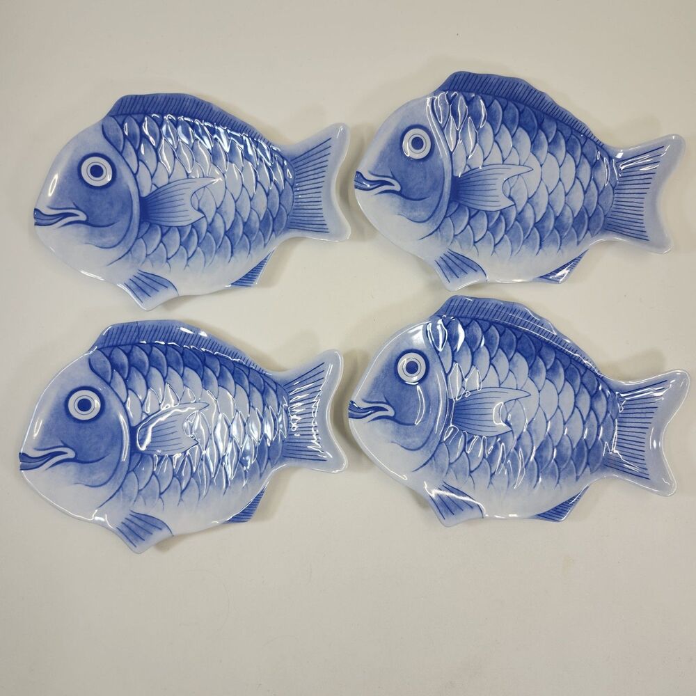 Sigrid Olsen Home Blue Fish Melamine Appetizer Plates Set of 4 Coastal Nautical
